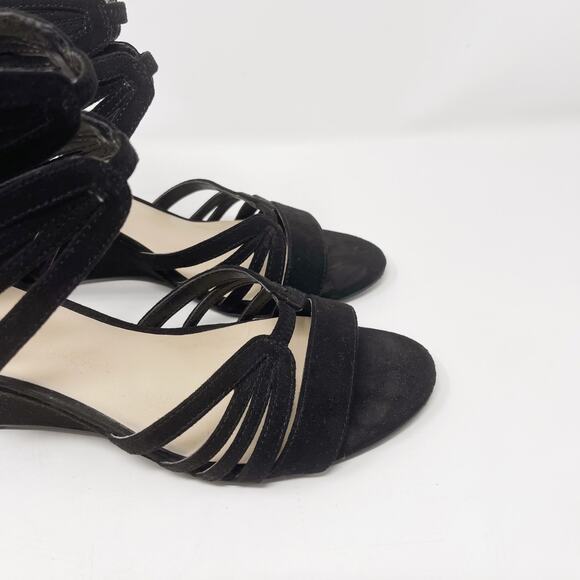 Nine West 6.5 Black Faux Suede Roseo Strappy Wedge Sandals Heeled Zip Back - Picture 5 of 13